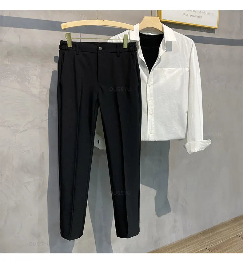 2024 Autumn Men's Casual Pants Suit Pant Slim Fit Work Elastic Waist Jogging Business Trousers Male Black Plus Size 40 42