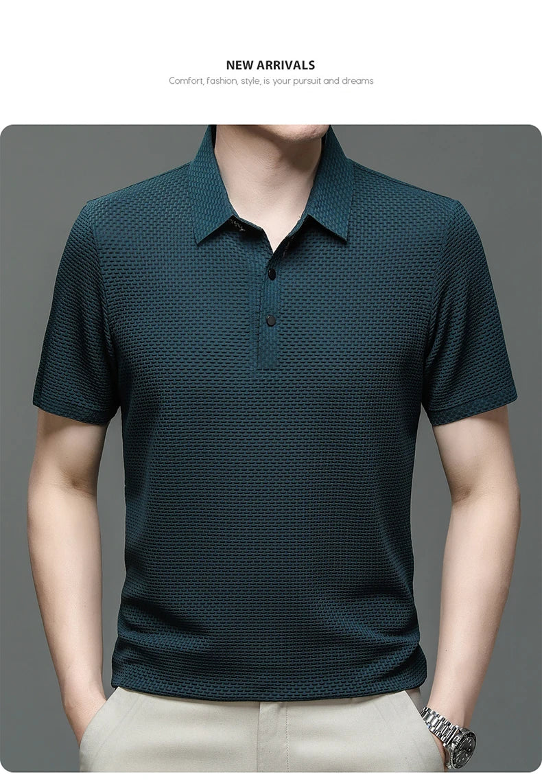 New Silk Knitted Hollow Polo Shirt Korean Edition Men's Summer Fashion Business Leisure Cool and Breathable Short Sleeved Top