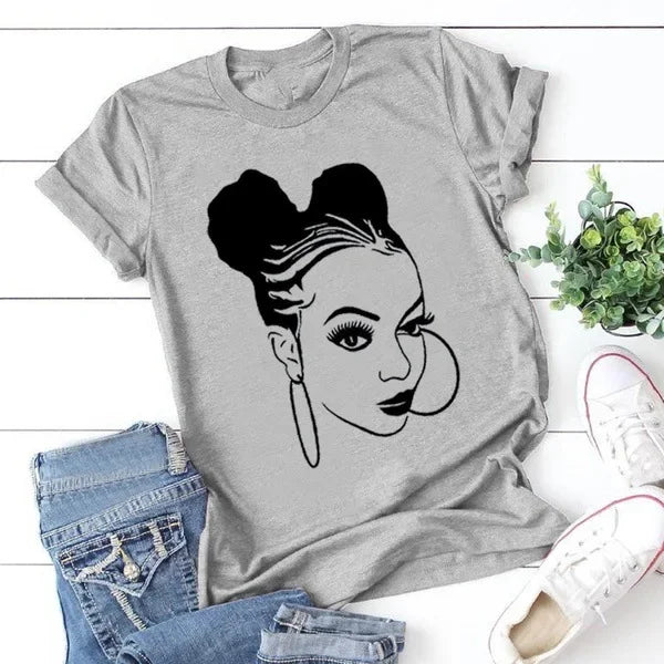 African Girl Print T Shirt Women Short Sleeve O Neck Loose Tshirt Summer Women Tee Shirt Tops Camisetas Mujer