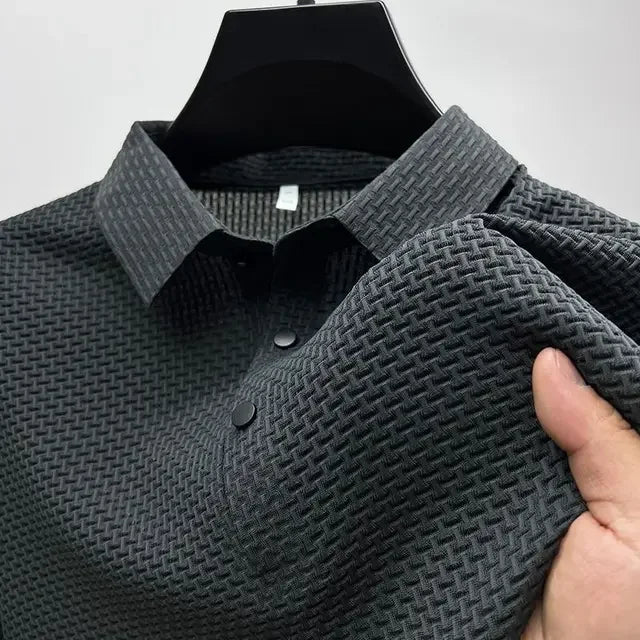 New Silk Knitted Hollow Polo Shirt Korean Edition Men's Summer Fashion Business Leisure Cool and Breathable Short Sleeved Top