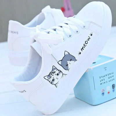 Women Casual Shoes Printed summer Women Pu Shoes Cute Cat  Shoes