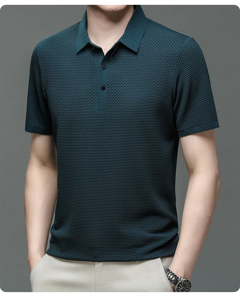 New Silk Knitted Hollow Polo Shirt Korean Edition Men's Summer Fashion Business Leisure Cool and Breathable Short Sleeved Top