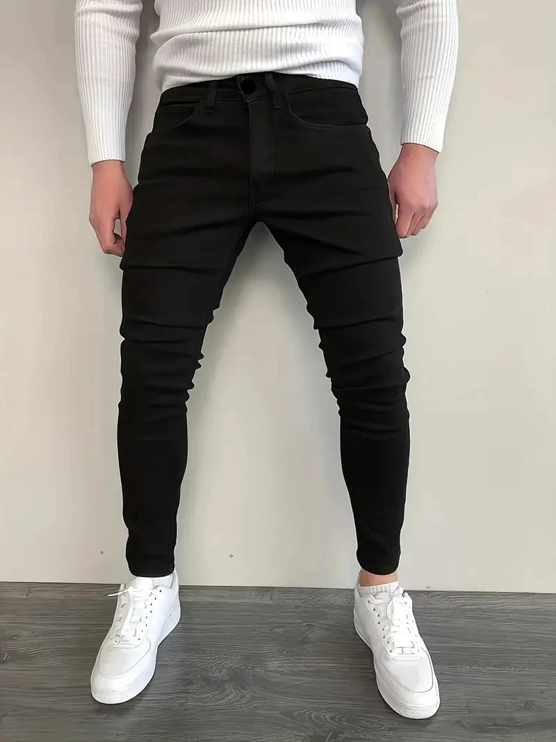 Men Jeans Stretch Skinny Denim Pants Solid Color Black Blue Autumn Summer Luxury Street Harajuku Hip-Hop Style Slim Fit Trousers