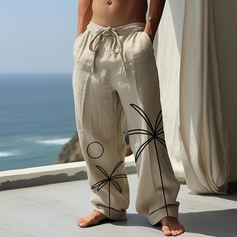 Summer Men's Solid Color Casual Beach Pants Wide Leg Pants Hawaiian Style 3D Printed Wide Leg Pants