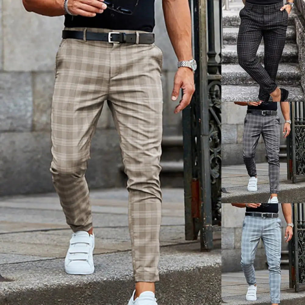 Men's Slim-Fit Plaid Trousers – Classic Checkered Pants for Stylish Looks