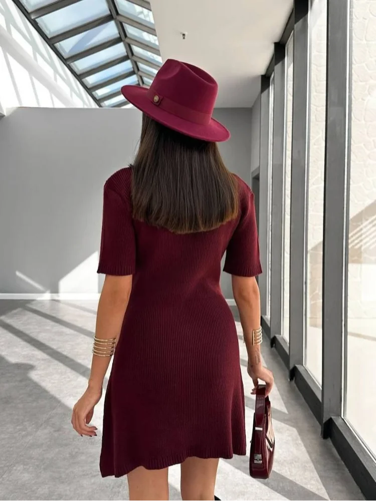 2024 Chic Burgundy Single Breasted Knitted Mini Dress Women's Fashion V-neck Slim Short Sleeves Vestido Lady Commute Streeetwear