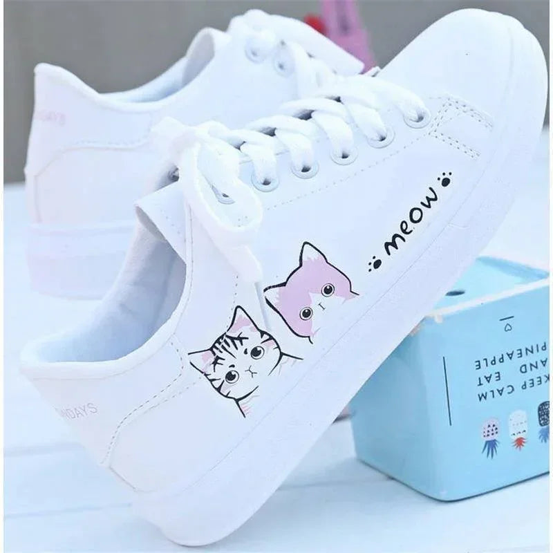 Women Casual Shoes Printed summer Women Pu Shoes Cute Cat  Shoes