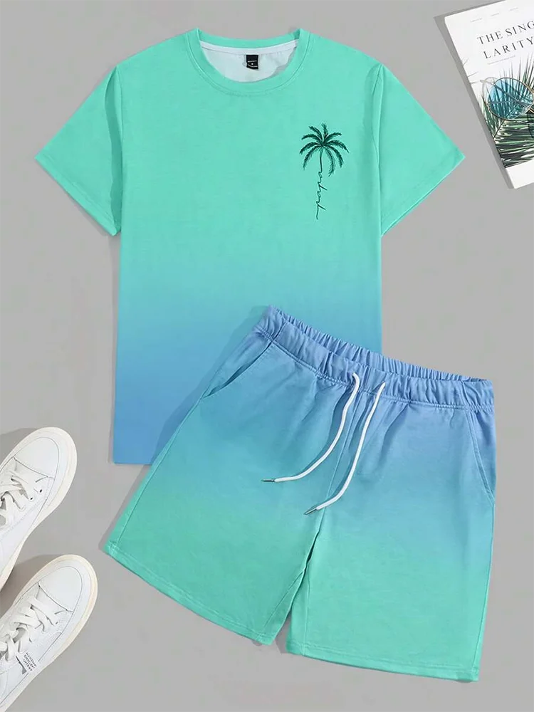 Men's Gradient Blue-Pink Ombre Two-Piece Set – Stylish Summer Outfit