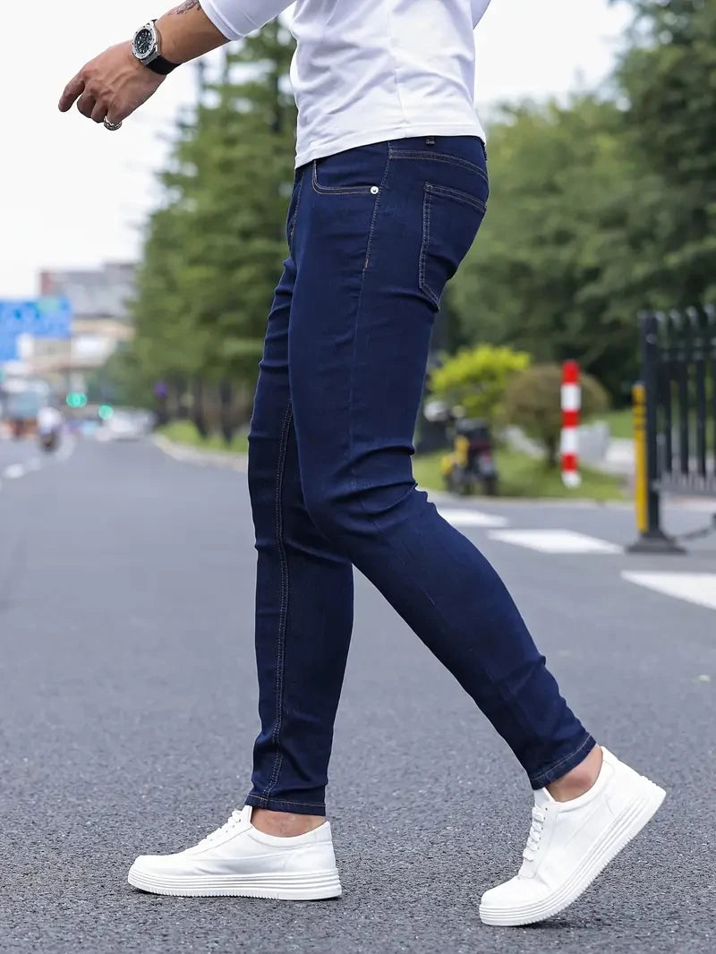 Men Jeans Stretch Skinny Denim Pants Solid Color Black Blue Autumn Summer Luxury Street Harajuku Hip-Hop Style Slim Fit Trousers