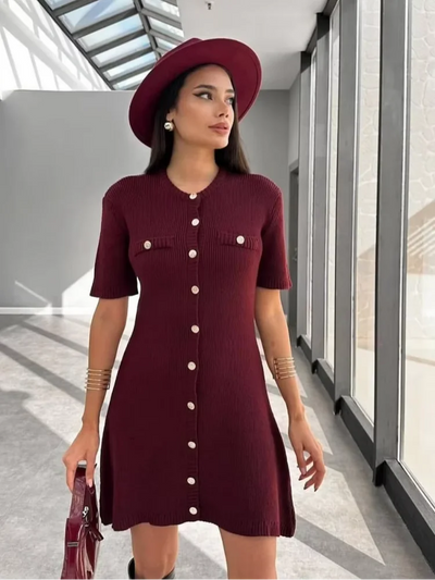 2024 Chic Burgundy Single Breasted Knitted Mini Dress Women's Fashion V-neck Slim Short Sleeves Vestido Lady Commute Streeetwear