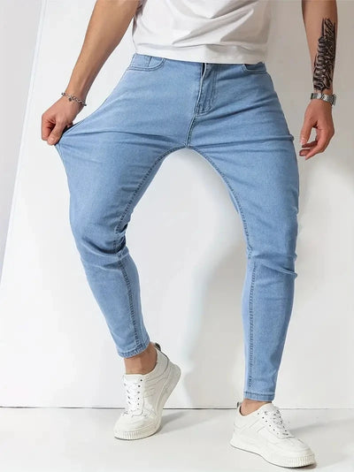 Men Jeans Stretch Skinny Denim Pants Solid Color Black Blue Autumn Summer Luxury Street Harajuku Hip-Hop Style Slim Fit Trousers