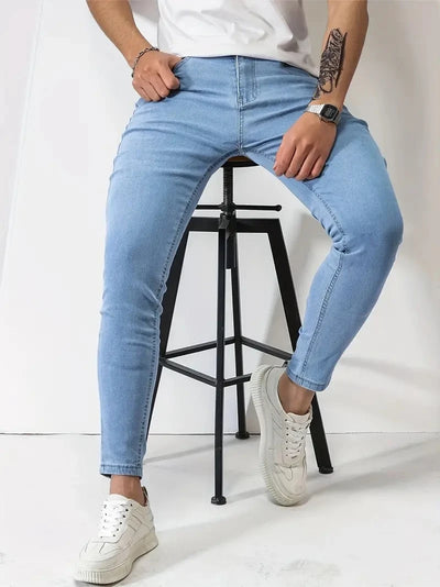 Men Jeans Stretch Skinny Denim Pants Solid Color Black Blue Autumn Summer Luxury Street Harajuku Hip-Hop Style Slim Fit Trousers