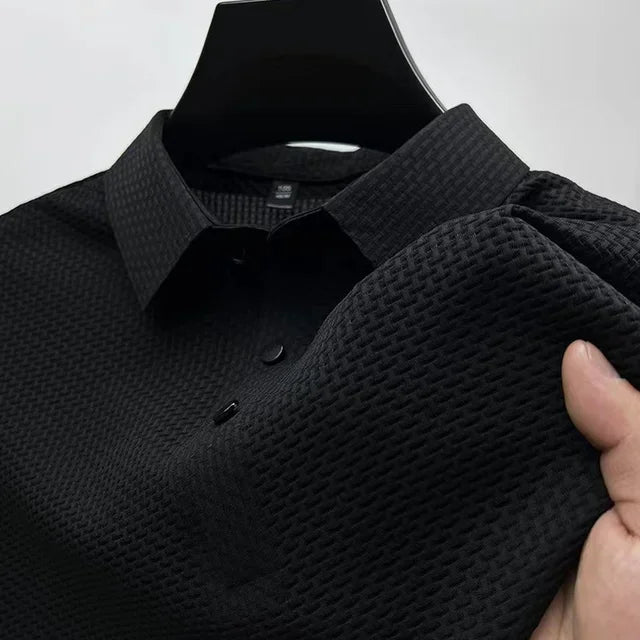 New Silk Knitted Hollow Polo Shirt Korean Edition Men's Summer Fashion Business Leisure Cool and Breathable Short Sleeved Top