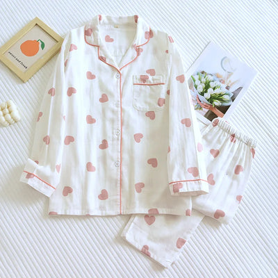 New Spring and Autumn Pajama Set Women's 100% Cotton Long Sleeve Pants Two Piece Love Lovely Sweet Home Furnishing Set