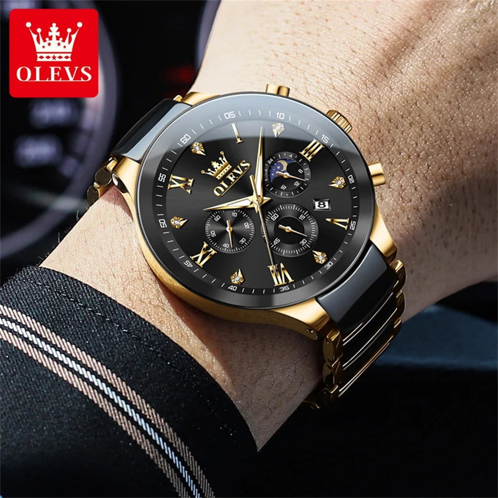 OLEVS Men's Watches Original Quartz Watch for Man Waterproof Luminous Ceramic And Steel Strips Wristwatch Male Moon Phases