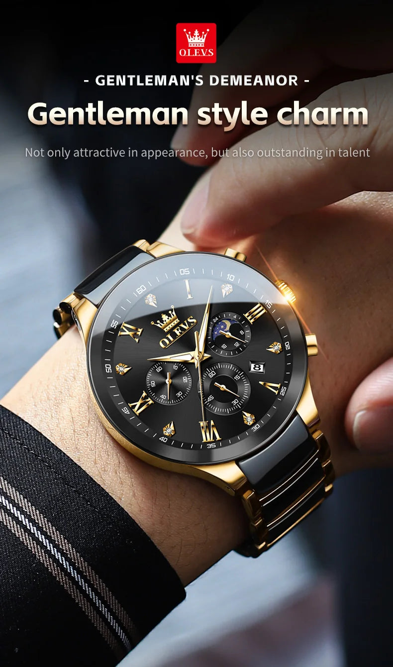 OLEVS Men's Watches Original Quartz Watch for Man Waterproof Luminous Ceramic And Steel Strips Wristwatch Male Moon Phases