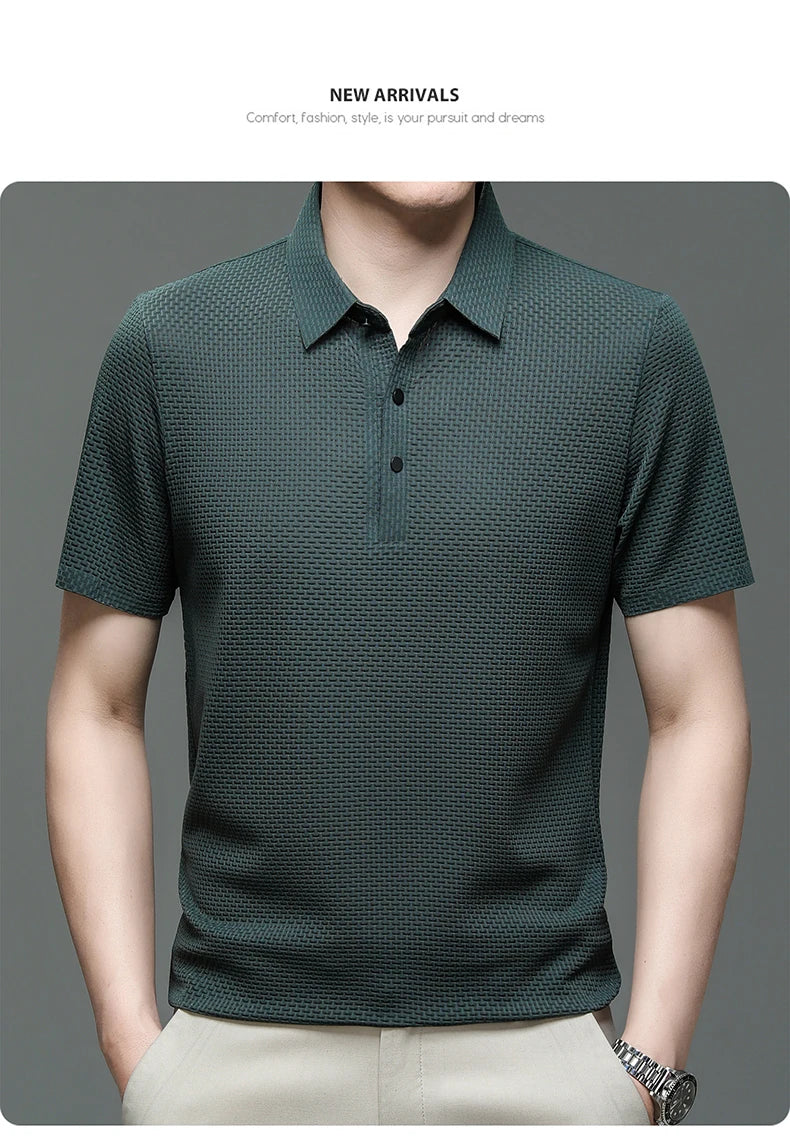 New Silk Knitted Hollow Polo Shirt Korean Edition Men's Summer Fashion Business Leisure Cool and Breathable Short Sleeved Top