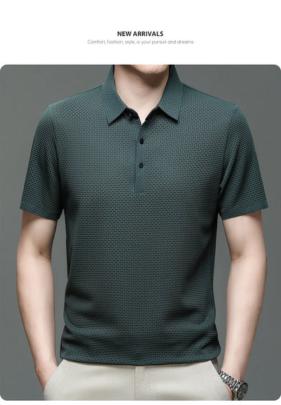 New Silk Knitted Hollow Polo Shirt Korean Edition Men's Summer Fashion Business Leisure Cool and Breathable Short Sleeved Top