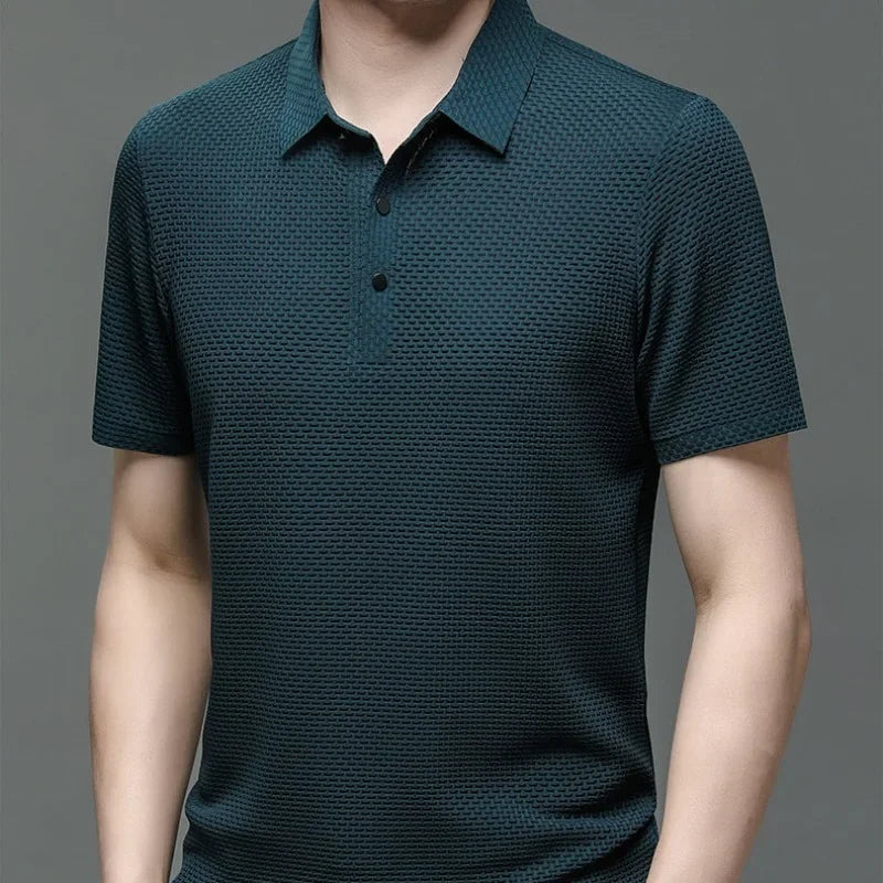 New Silk Knitted Hollow Polo Shirt Korean Edition Men's Summer Fashion Business Leisure Cool and Breathable Short Sleeved Top