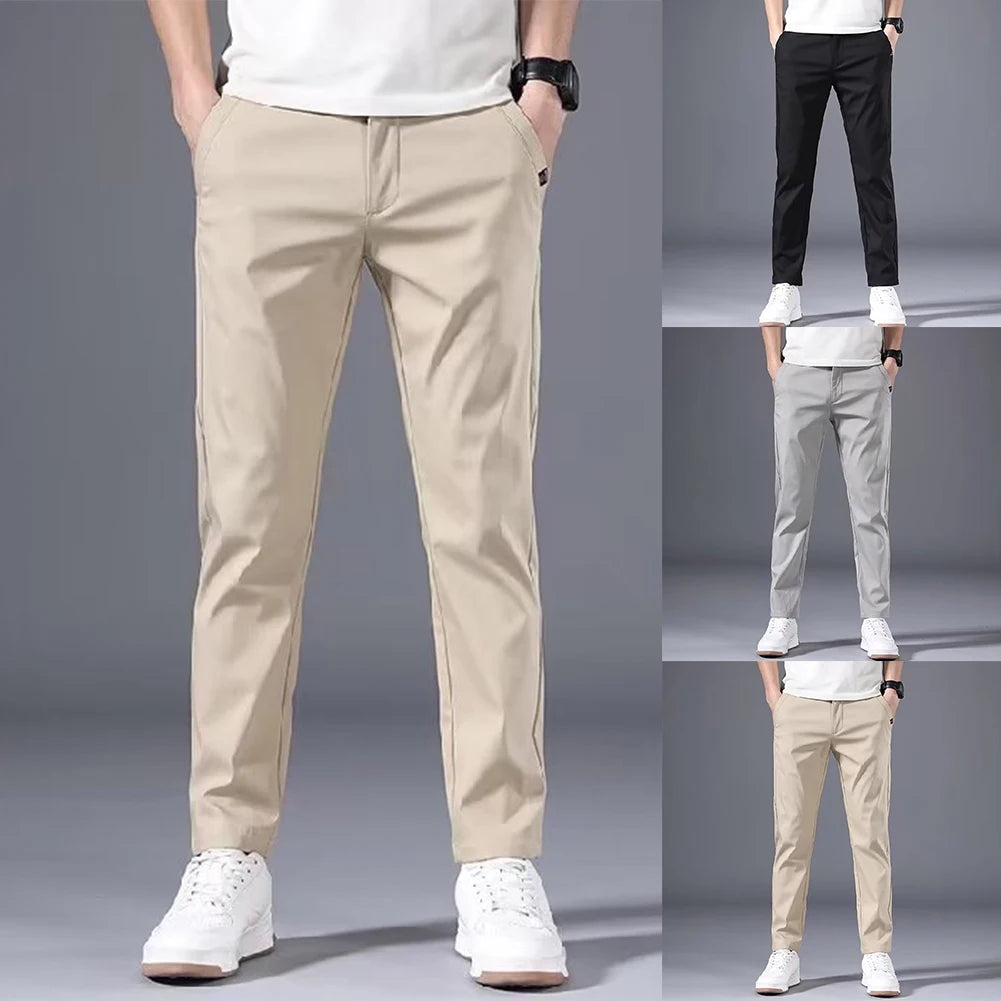 Fashion Men's Slim Fit Pants Solid Color Stretch Chino Trousers Casual Flat Front Flex Classic Full Pants Men Clothing