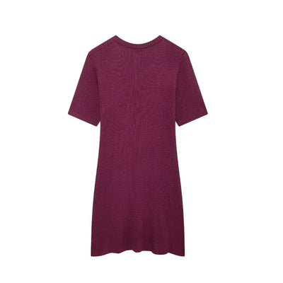 2024 Chic Burgundy Single Breasted Knitted Mini Dress Women's Fashion V-neck Slim Short Sleeves Vestido Lady Commute Streeetwear