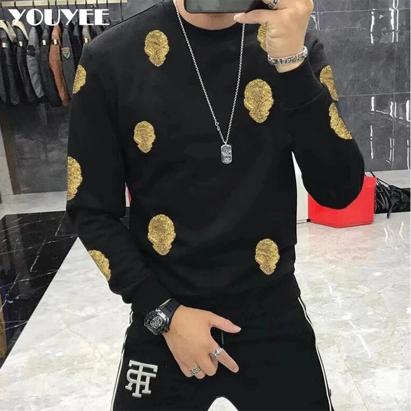 Men's Full Diamond Luxury Hoodie Bling Bling Trendy Pullover Long Sleeved Round Neck Thick Fleece Hoodie Winter Fashion Clothing