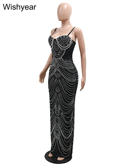 New Luxury Sparkly Crystal Rhinestone Pearl Evening Gown