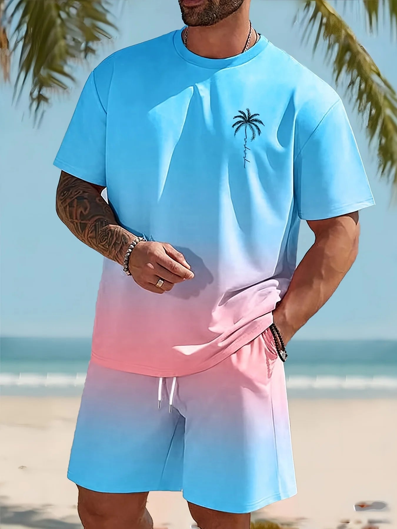 Men's Gradient Blue-Pink Ombre Two-Piece Set – Stylish Summer Outfit