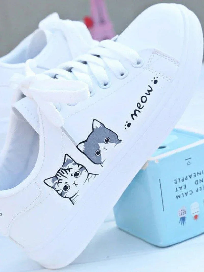 Women Casual Shoes Printed summer Women Pu Shoes Cute Cat  Shoes