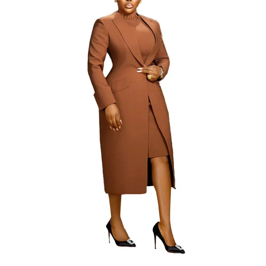 HLJ&GG High Quality Elegant Office Lady Blazer Two Piece Sets Women Lapel Long Sleeve Coat And Slim Dress Outfit Female Clothing