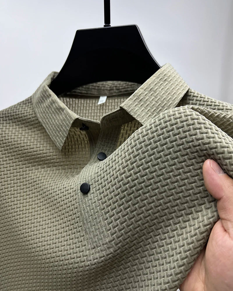 New Silk Knitted Hollow Polo Shirt Korean Edition Men's Summer Fashion Business Leisure Cool and Breathable Short Sleeved Top