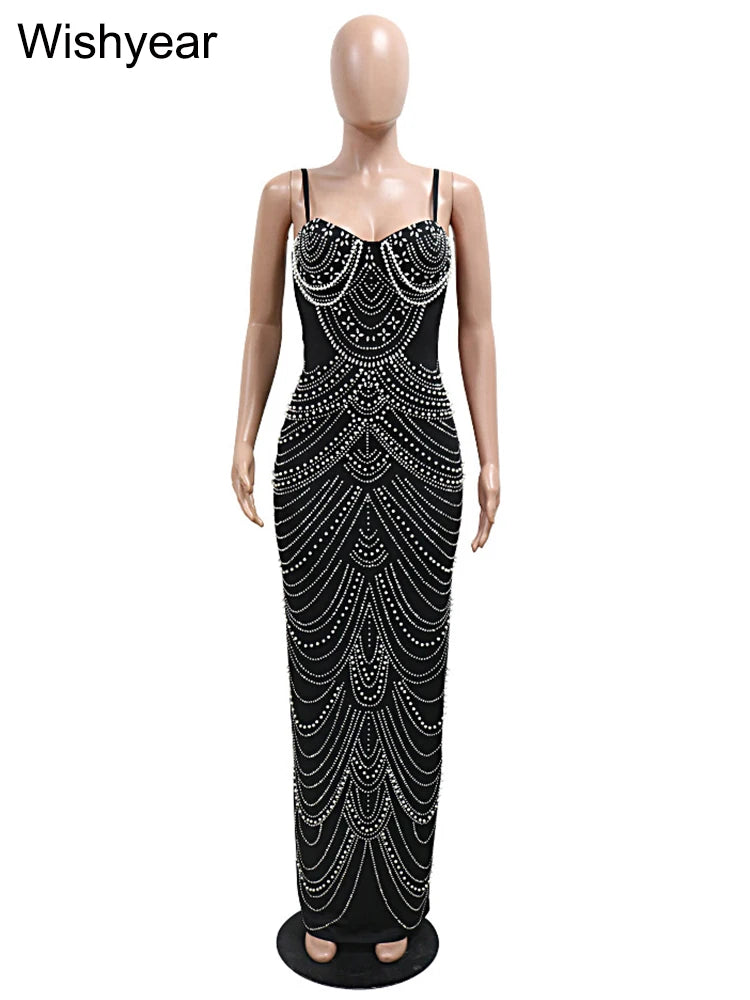 New Luxury Sparkly Crystal Rhinestone Pearl Evening Gown