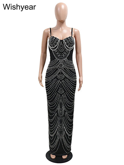 New Luxury Sparkly Crystal Rhinestone Pearl Evening Gown