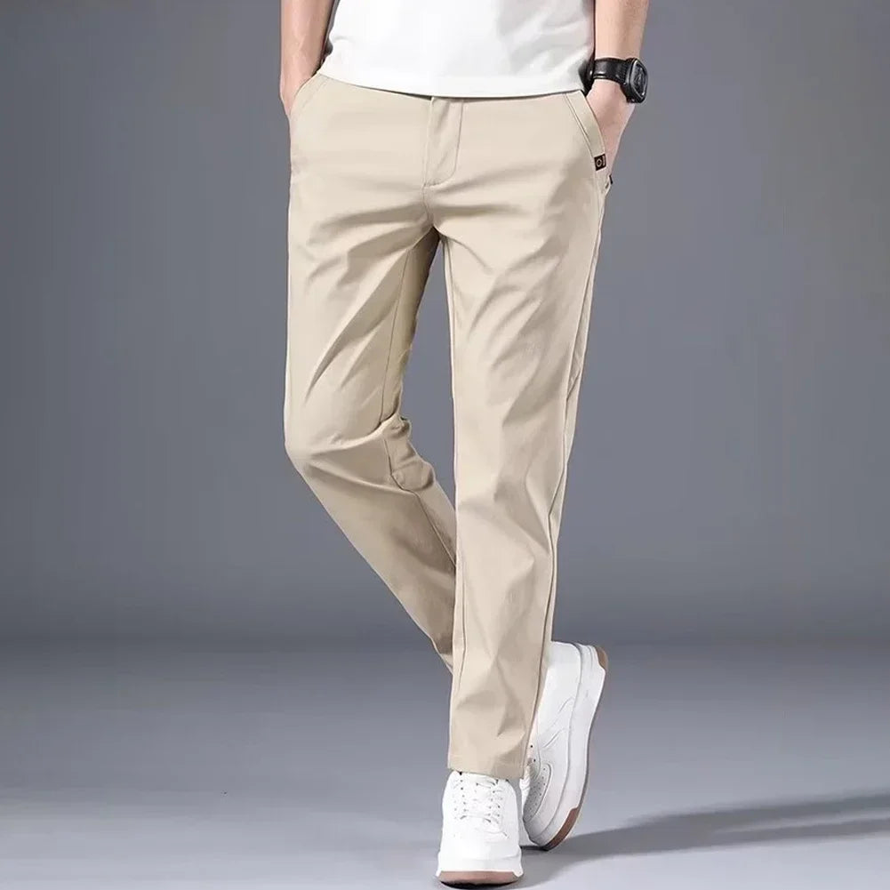 Fashion Men's Slim Fit Pants Solid Color Stretch Chino Trousers Casual Flat Front Flex Classic Full Pants Men Clothing