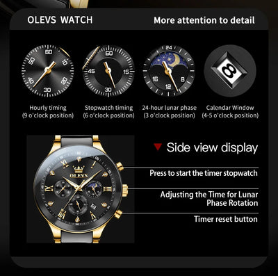 OLEVS Men's Watches Original Quartz Watch for Man Waterproof Luminous Ceramic And Steel Strips Wristwatch Male Moon Phases