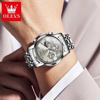 OLEVS Men's Watches Classic Multifunctional Fltwheel Chronograph Original Quartz Wristwatch Moon Phase 24 Hour Waterproof reloj