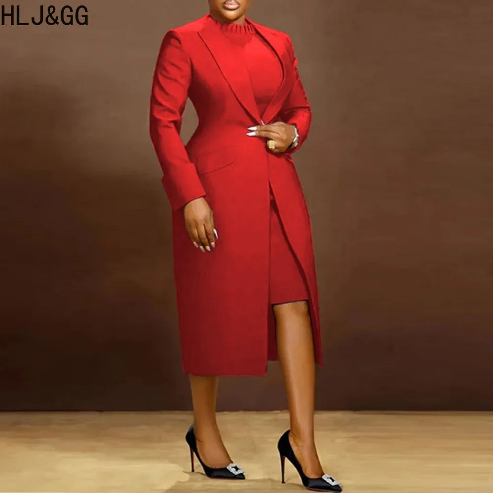 HLJ&GG High Quality Elegant Office Lady Blazer Two Piece Sets Women Lapel Long Sleeve Coat And Slim Dress Outfit Female Clothing