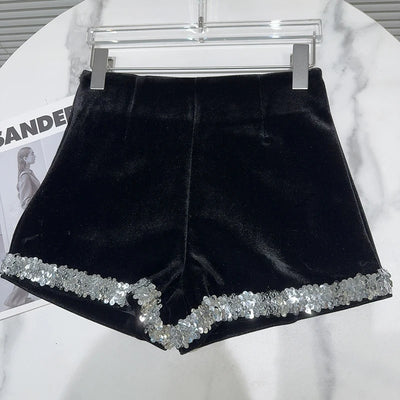 DEAT 2024 Autumn New Item Fashion Women's Sequin Splicing Heavy Industry Velvet Shorts High Waist Short Pants Female 11A01035