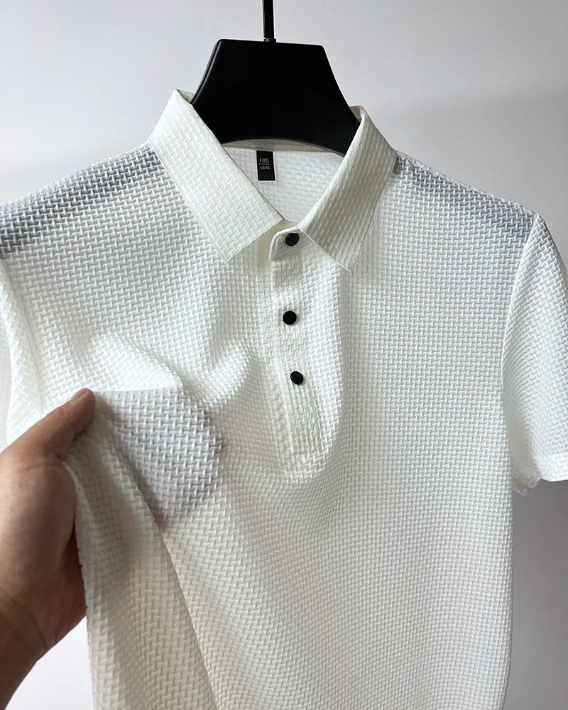 New Silk Knitted Hollow Polo Shirt Korean Edition Men's Summer Fashion Business Leisure Cool and Breathable Short Sleeved Top