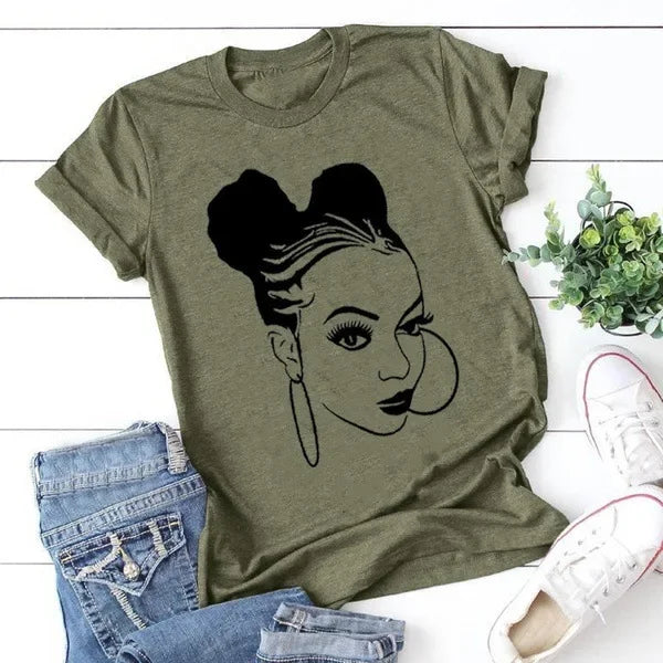 African Girl Print T Shirt Women Short Sleeve O Neck Loose Tshirt Summer Women Tee Shirt Tops Camisetas Mujer