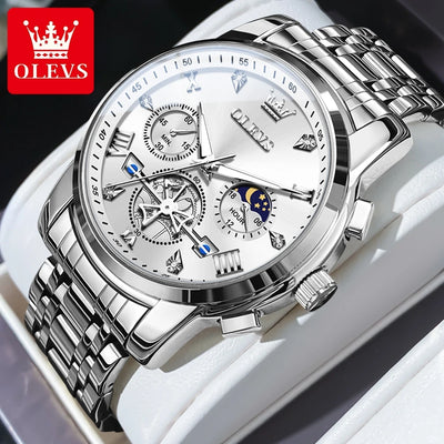 OLEVS Men's Watches Classic Multifunctional Fltwheel Chronograph Original Quartz Wristwatch Moon Phase 24 Hour Waterproof reloj