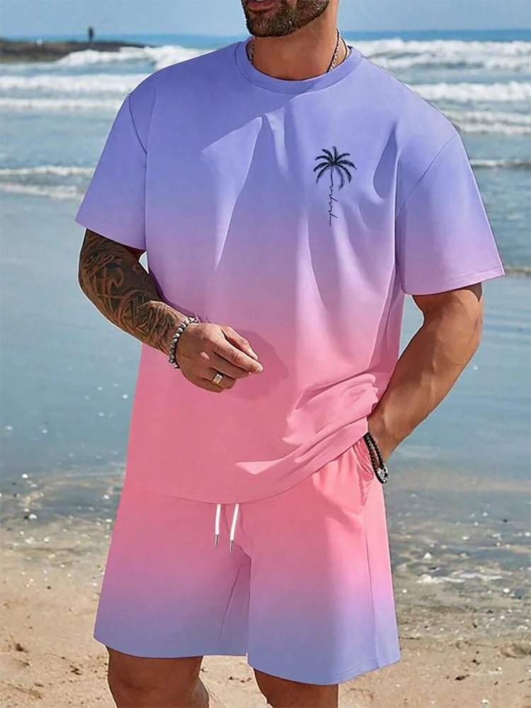 Men's Gradient Blue-Pink Ombre Two-Piece Set – Stylish Summer Outfit