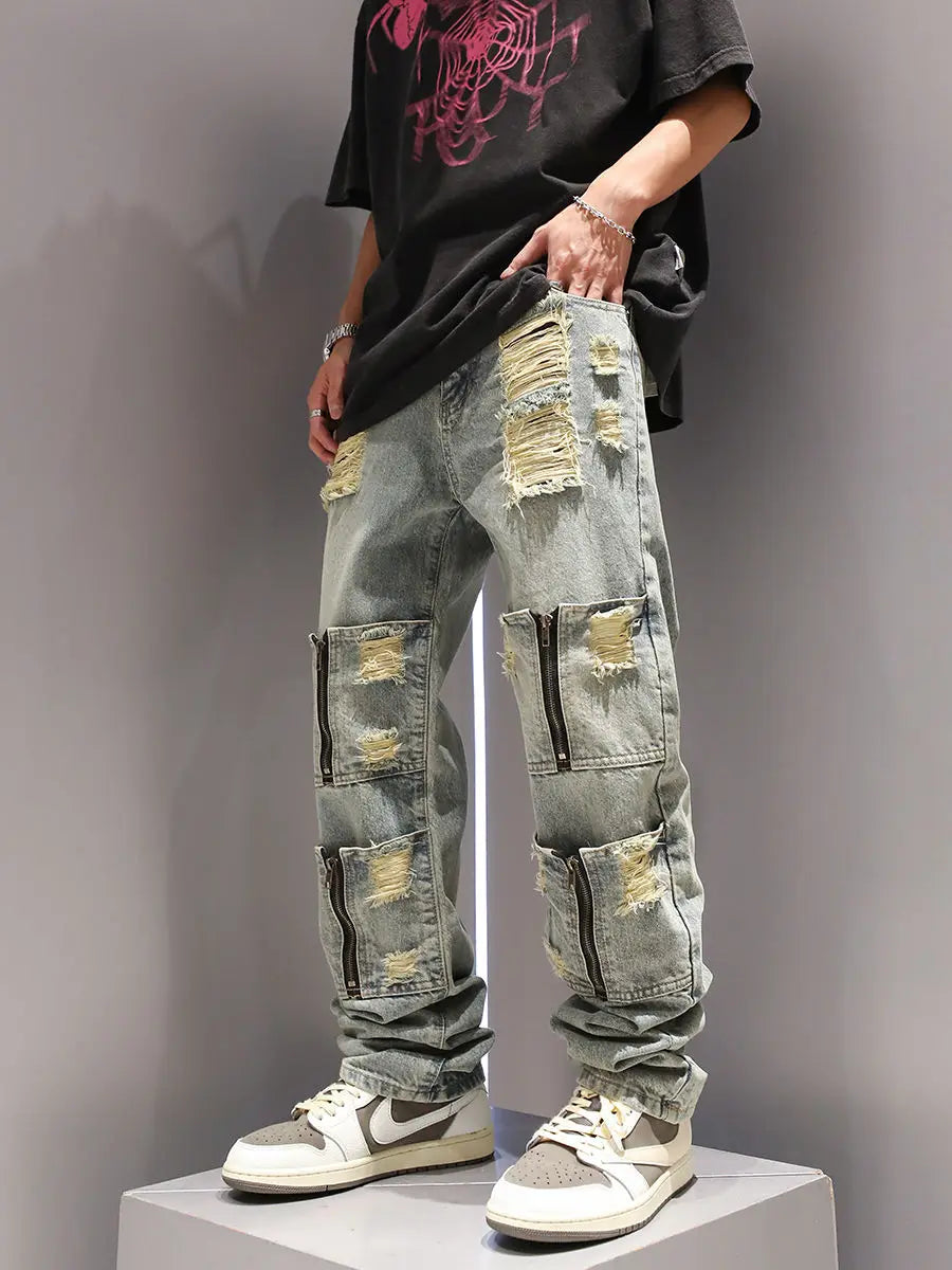 New Multi Zipper Pocket Washed and Perforated Jeans for Men and Women Street Personalized Straight Leg Retro Casual Pants y2k