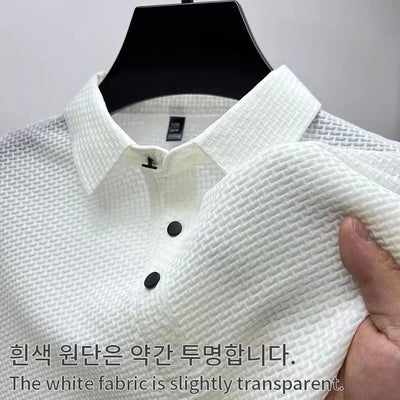 New Silk Knitted Hollow Polo Shirt Korean Edition Men's Summer Fashion Business Leisure Cool and Breathable Short Sleeved Top