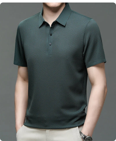 New Silk Knitted Hollow Polo Shirt Korean Edition Men's Summer Fashion Business Leisure Cool and Breathable Short Sleeved Top