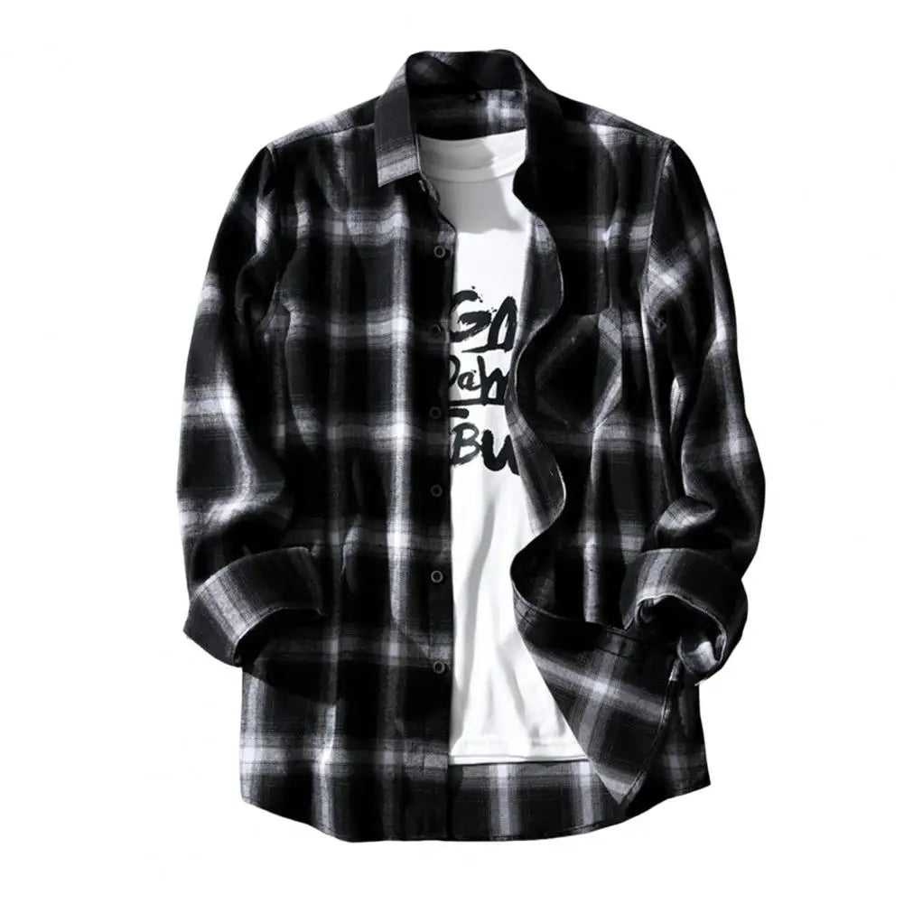 Black White Check Shirts Men Plaid Shirt Coat Long-sleeved Shirts Male Casual Youth Jacket Thin Coat Long Sleeve Buttons Shirts