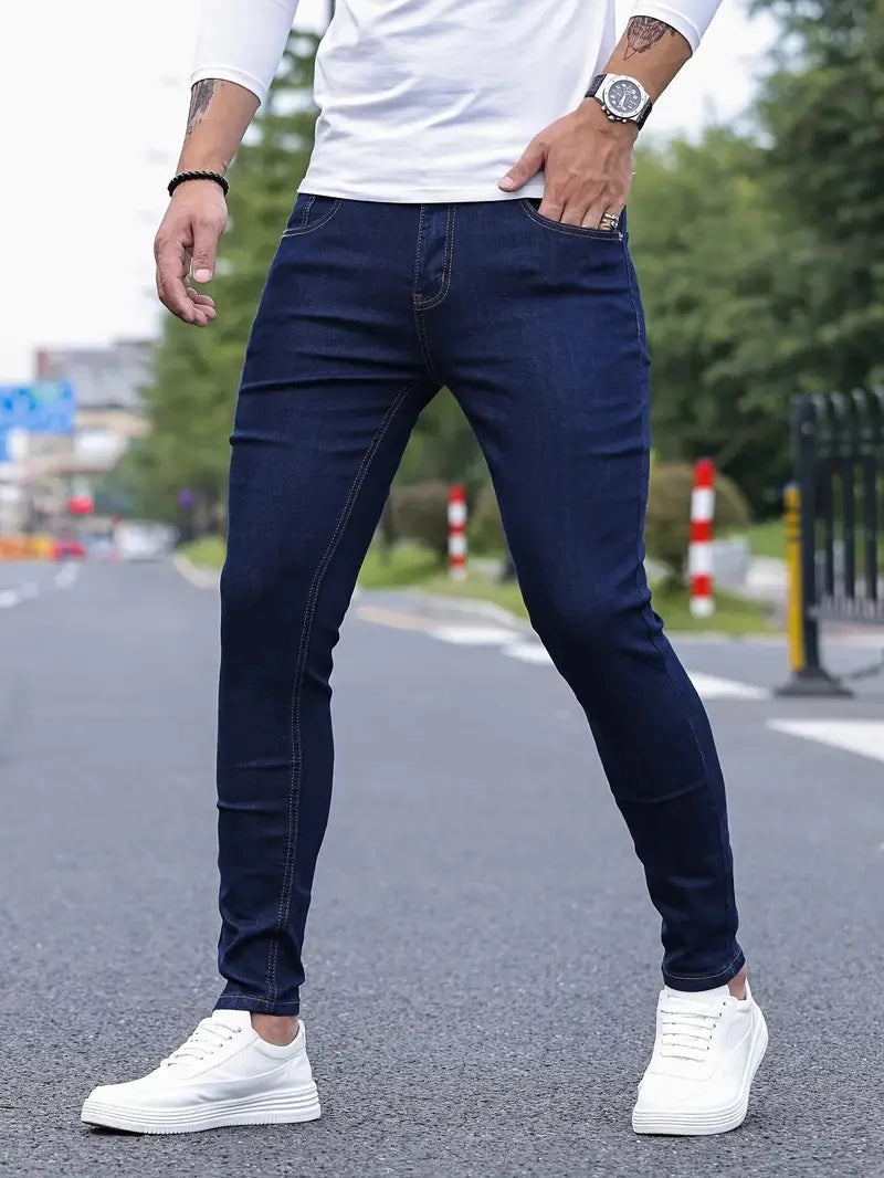 Men Jeans Stretch Skinny Denim Pants Solid Color Black Blue Autumn Summer Luxury Street Harajuku Hip-Hop Style Slim Fit Trousers