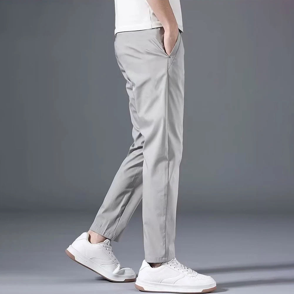 Fashion Men's Slim Fit Pants Solid Color Stretch Chino Trousers Casual Flat Front Flex Classic Full Pants Men Clothing