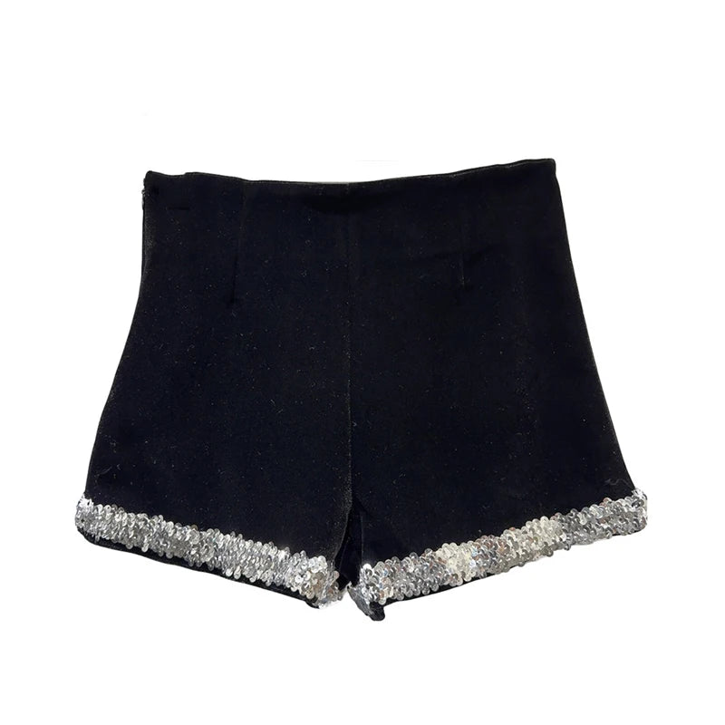 DEAT 2024 Autumn New Item Fashion Women's Sequin Splicing Heavy Industry Velvet Shorts High Waist Short Pants Female 11A01035