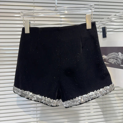 DEAT 2024 Autumn New Item Fashion Women's Sequin Splicing Heavy Industry Velvet Shorts High Waist Short Pants Female 11A01035